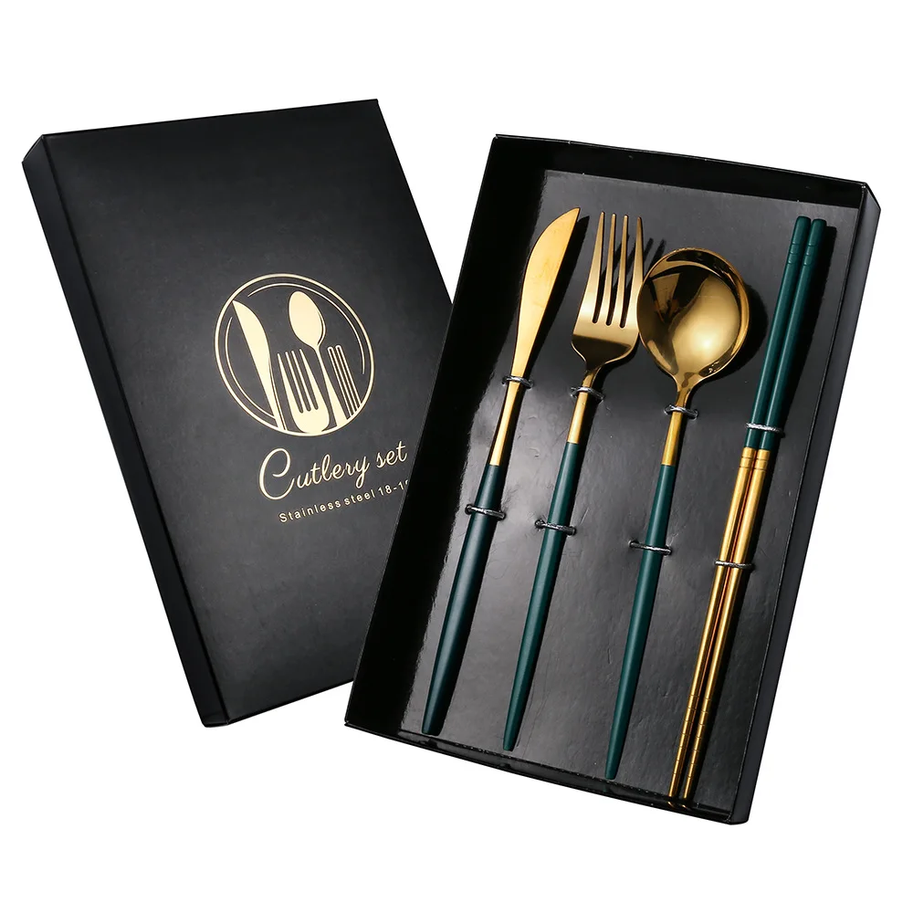 Stainless Steel Bright Mirror Knife and Fork Gift Box Portuguese Tableware Set of Four Black Gold Spoon Cutlery Kitchen Dining