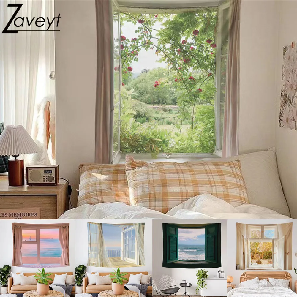 

95x73cm Simulated Window Outside Garden Landscape Wall Tapestry Scenery Background Fabric Room Bedroom Bedside Decor Tapestries