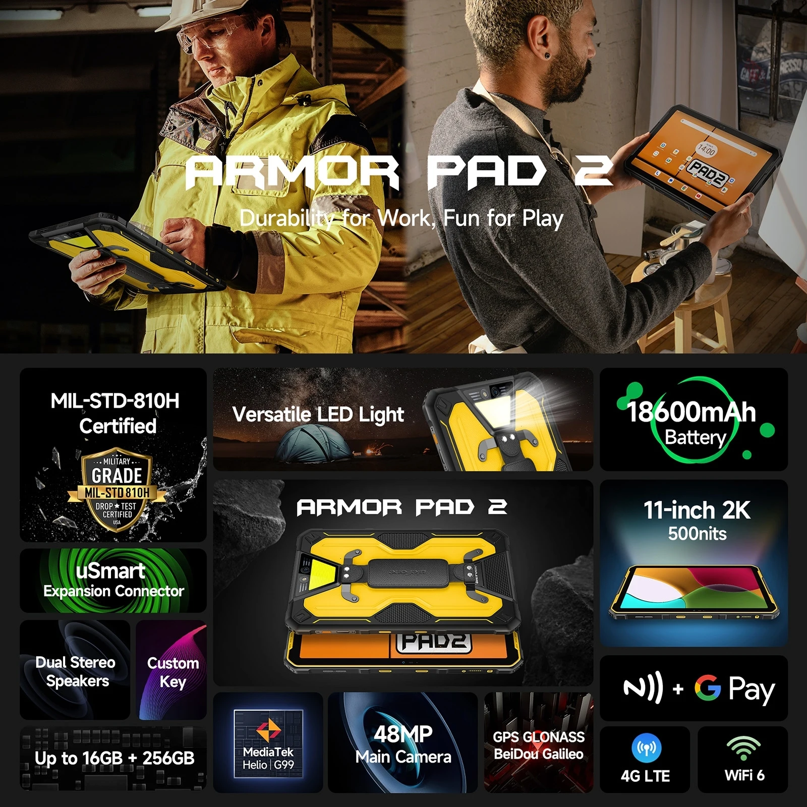 Фото Ulefone Armor Pad 2 — защищенный планшет на Android 13, до 16 ГБ+256 ГБ, IP68/IP69K, MediaTek Helio G99, 11 дюймов, 2K, 18600 мАч, NFC №2