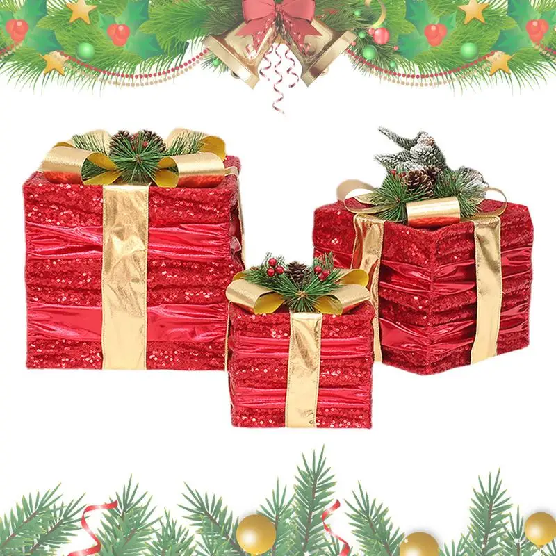 Assorted Sizes Gift Boxes Set Of 3 Cloth Christmas Gift Box Decorations For Outdoor Gold/silver/red