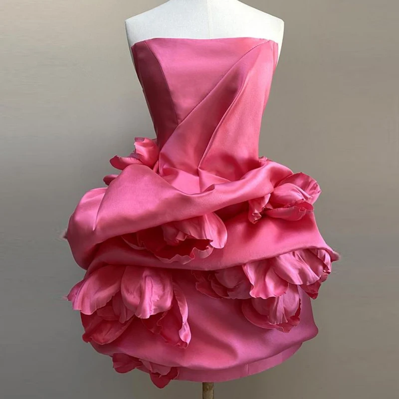 Strapless Pink Satin Dress Mini Women Clothing Hand Made Flowers Dresses woman Spring Summer 2022 Custom Made Ruffles Gown