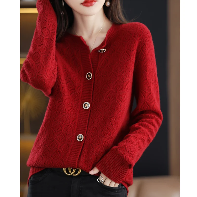 

New Fashion Women's Style Knitted Hollow O-Neck Long-Sleeved 100% Cashmere Wool Cardigan Women's Sweater Cashmere Sweater