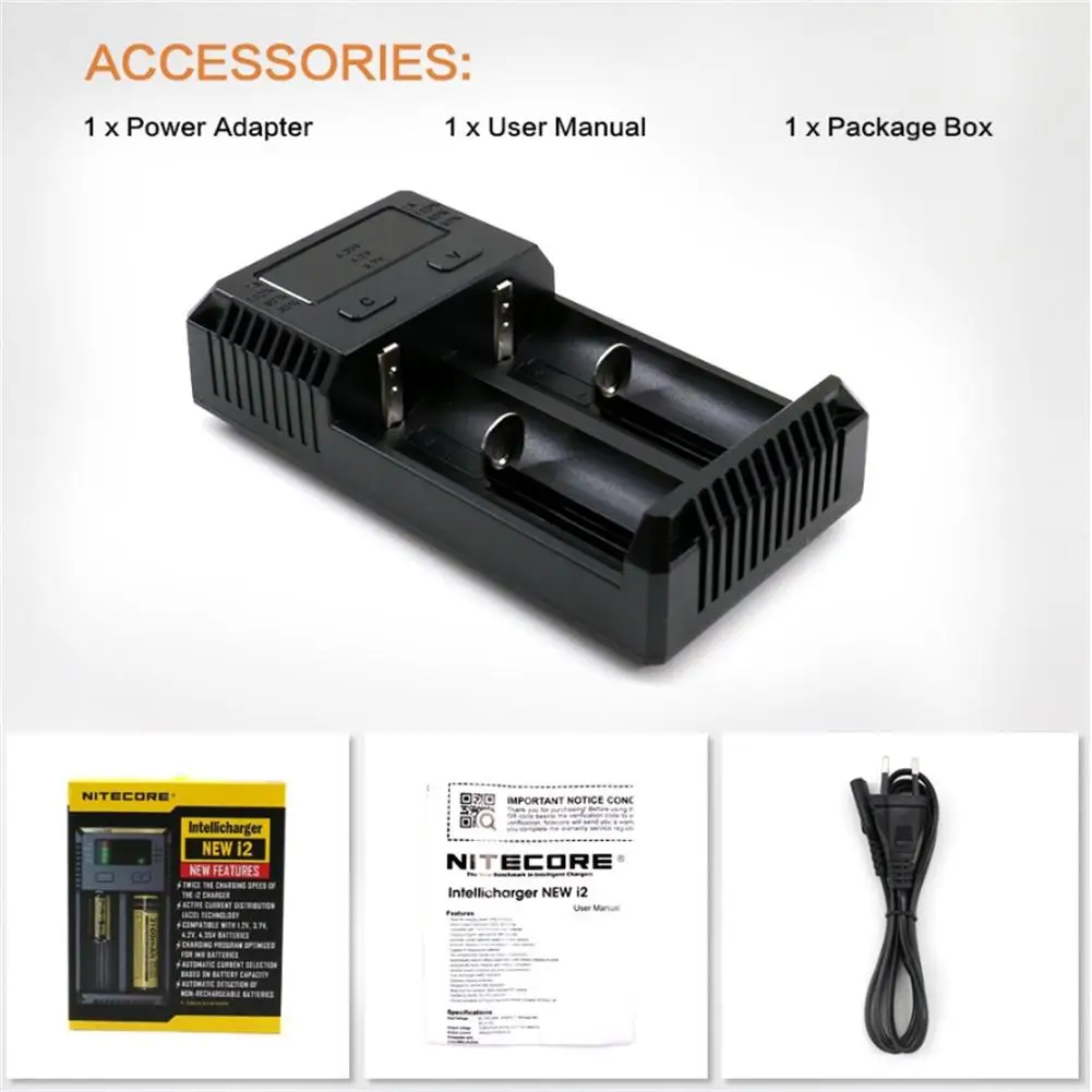 

Для NITECORE, новинка, I2 USB QC, зарядное устройство с двумя слотами для литий-ионных Ni-Cd IMR LiFePO4 18650 16340 21700 26650 AA AAA AAAA батарей