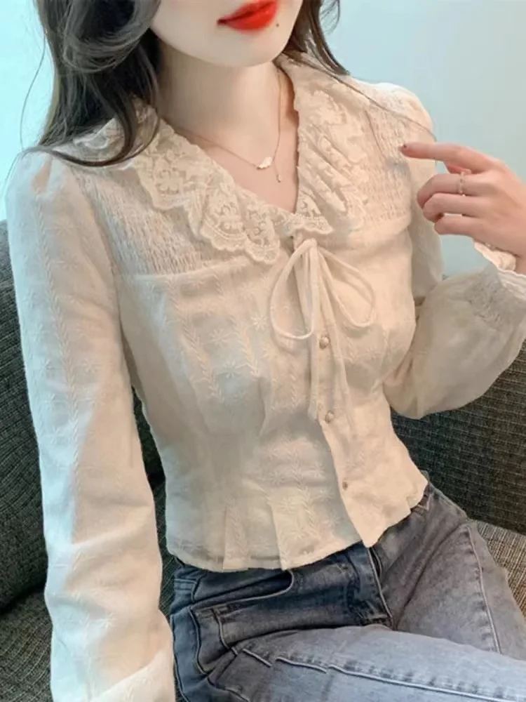 

Fashion Blusas Mujer De Moda 2023 Autumn New Lace Up Sweet Short Shirts Blouses Women's Versatile Short Top