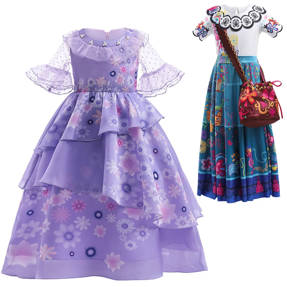 

2022 Encanto Madrigal Cosplay Costume Flower Girls Dress Halloween Princess Party Clothes Long Dress Girl Mirabel Dress
