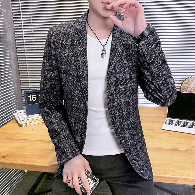 

Autumn Winter Men Blazers Fashion Plaid Casual Suit Jackets British Style Slim Fit Wedding Business Coat Social Blazer Masculino