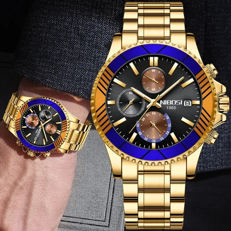 

Новинка 2023, мужские кварцевые часы NIBOSI в стиле милитари, мужские часы с хронографом и золотым ремешком из нержавеющей стали, Роскошные мужские часы ведущей марки