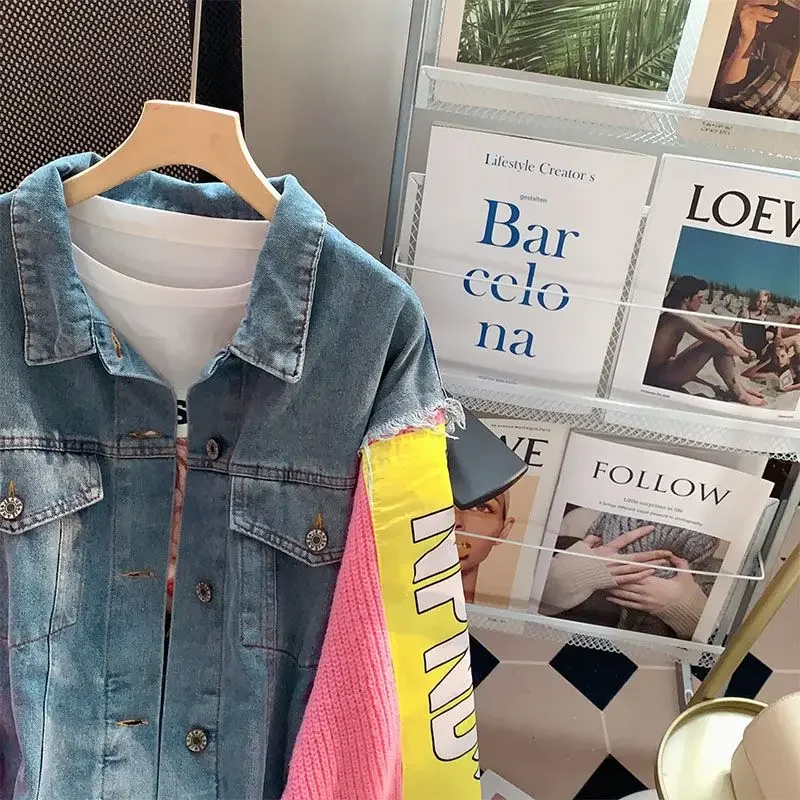 Женская розовая вязаная джинсовая куртка с прострочкой свободная верхняя одежда