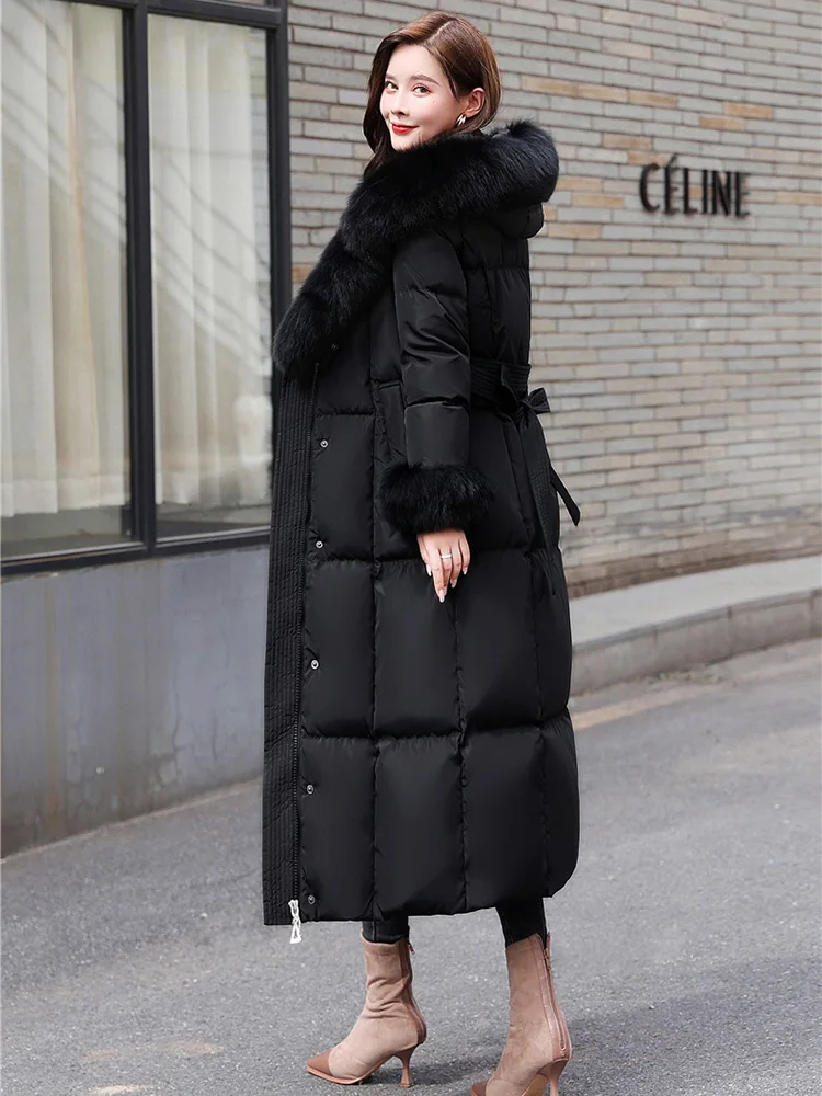 New Women Real Fur Stitching Down Coat Winter Hooded Double Fox Fur Collar Lace-up Belt Slim Thicken Warm Lengthened Down Jacket