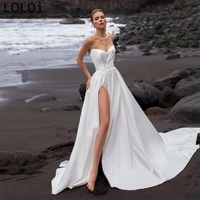beach satin wedding dress sweetheart embroidery simple and elegant formal high slit a line tail skirt wedding dress