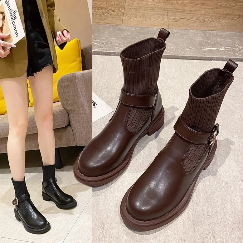 Ankle Boots Woman Slip-On Shoes Woman Fashion Knitted Elastic Round Toe Short Boots Platform Square Heels Leather Boots Women