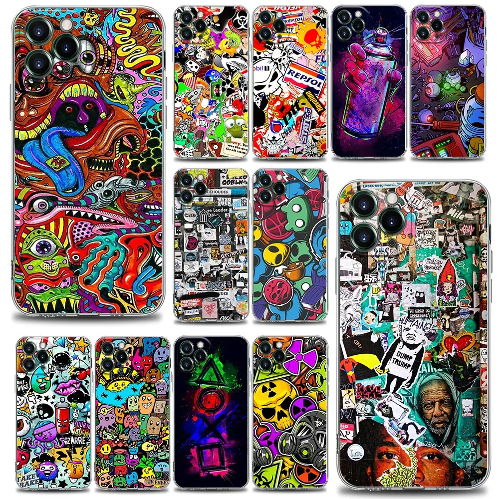 

Cartoon Graffiti Sticker Bomb Phone Case for iPhone 13 12 11 SE 2022 X XR XS 8 7 14 Pro Mini Max Plus Soft Silicone Case