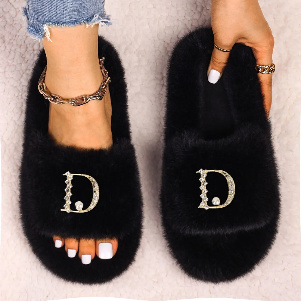 Women Slippers Fuzzy Slides Rhinestone Letter Faux Fur Sandals Designer Fluffy Slippers Ladies Platform Shoes Free Shipping 2022
