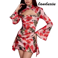 landuxiu new big brand design french hollow sexy floral skirt slim line neck cheongsam dress