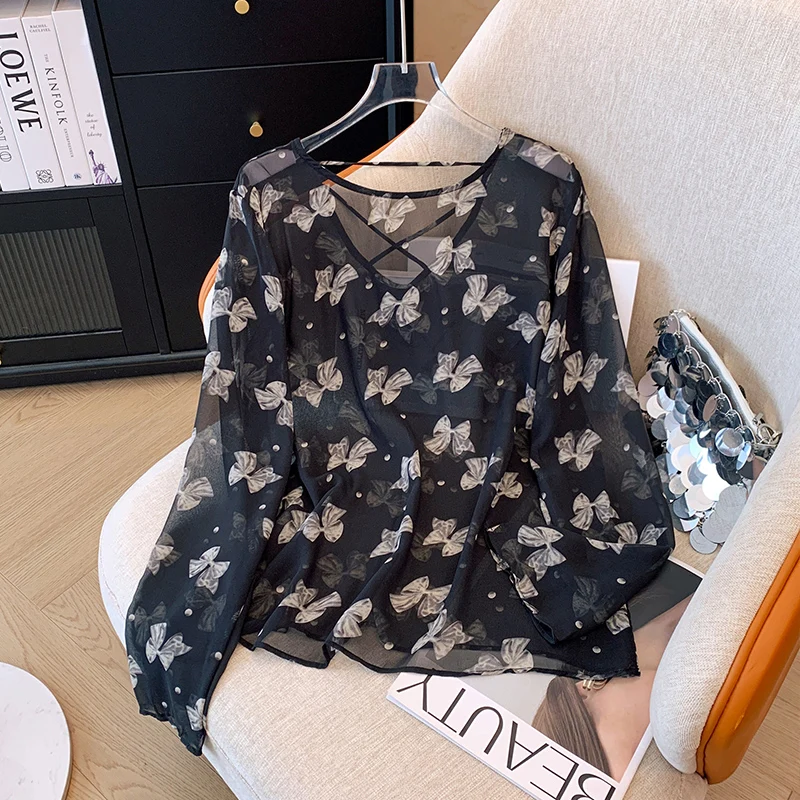 Женская летняя легкая дышащая накидка с принтом в виде банта слегка прозрачная