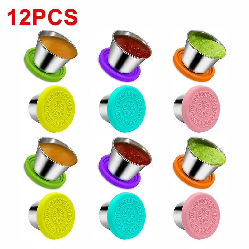 

70ml Stainless Steel Sauce Cup with Silicone Lid Seasoning Box Salad Cup Snack Dip Sushi Stir-Fry Appetizer Condiment Container