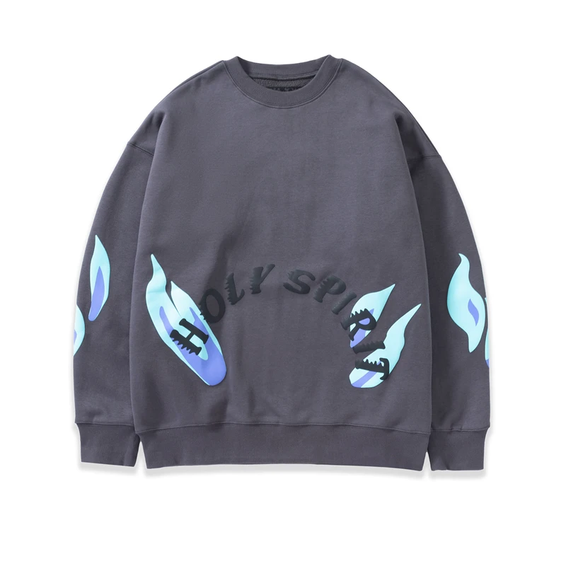 

Harajuku Letter Foma Flame Print Crew Neck Fleece Sweatshirts Unisex Retro High Street Oversized Casual Winter Men's Hoodies
