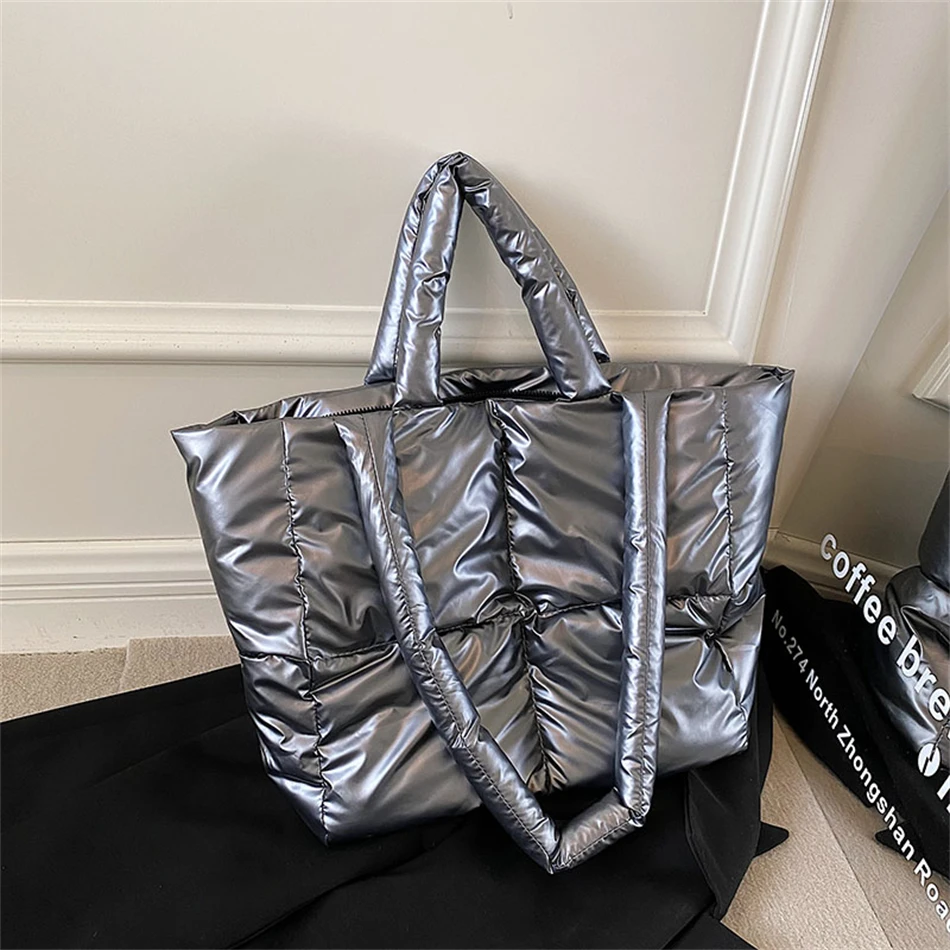 

Designer Puffy Shoulder Bag Women Quilted Space Down Feather Padded Cotton Handbag Winter Large Capacity Warm Shopping Purse
