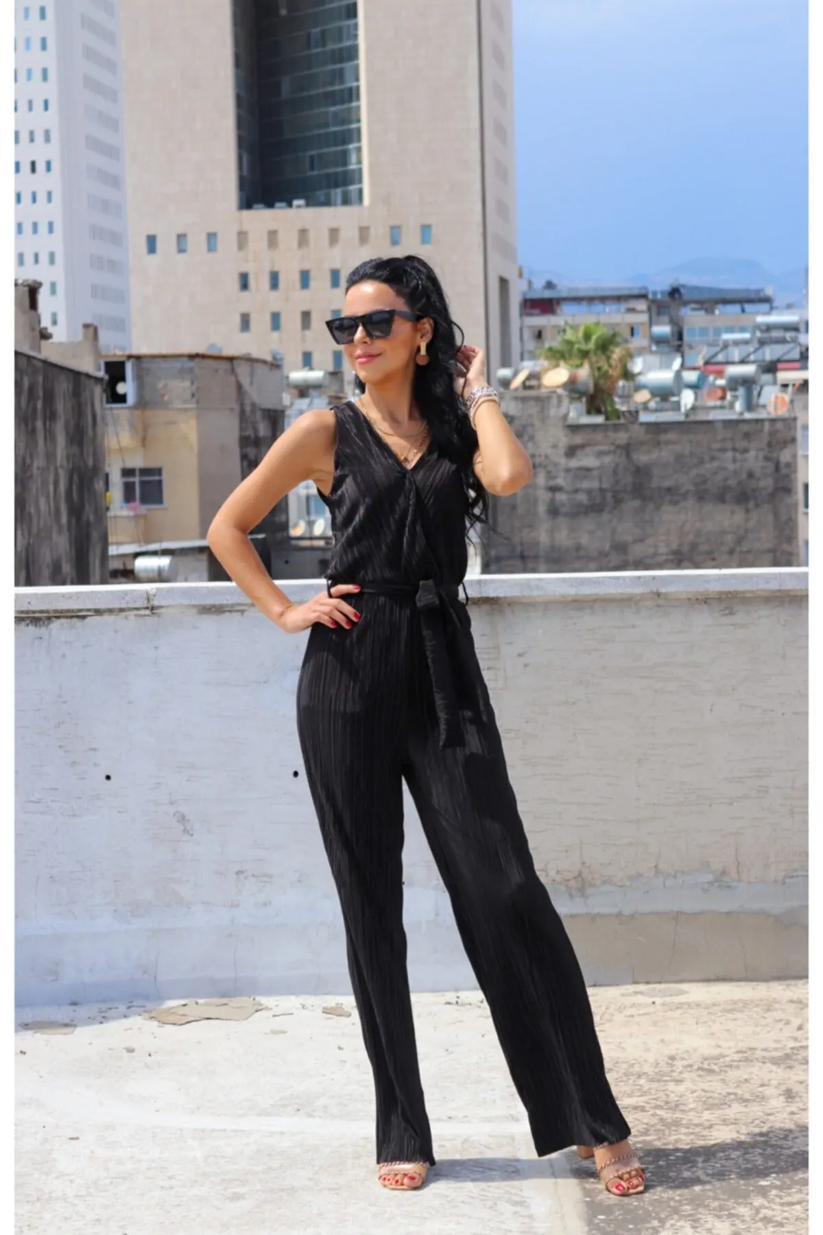 

Women's Overalls Black ribbon Double Breasted Collar Wide Leg Jumpsuit Hot Casual Fashion Sleeveless Baggy Trousers Overalls