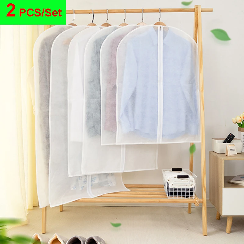 

2PCS/Set Non-woven Fabric Breathable Hanging Clothes Dust Cover Dress Cover Suit Coat Storage Bag Zipper Garment Bags Organizer