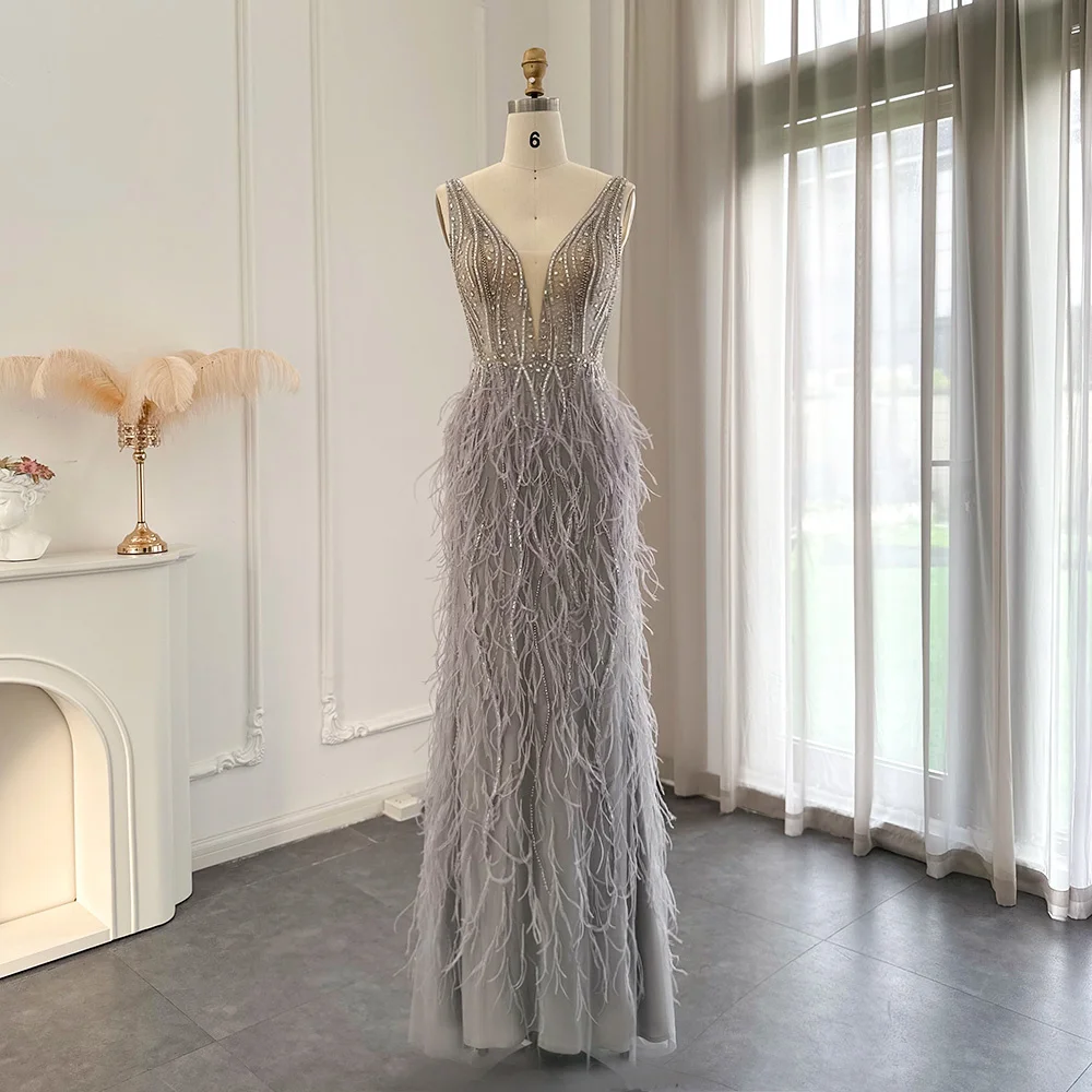 

Trumpet / Mermaid Luxury Feathers Champagne Dubai Evening Dresses for Women Wedding Silver Long V--Neck Pink Prom Formal Dress