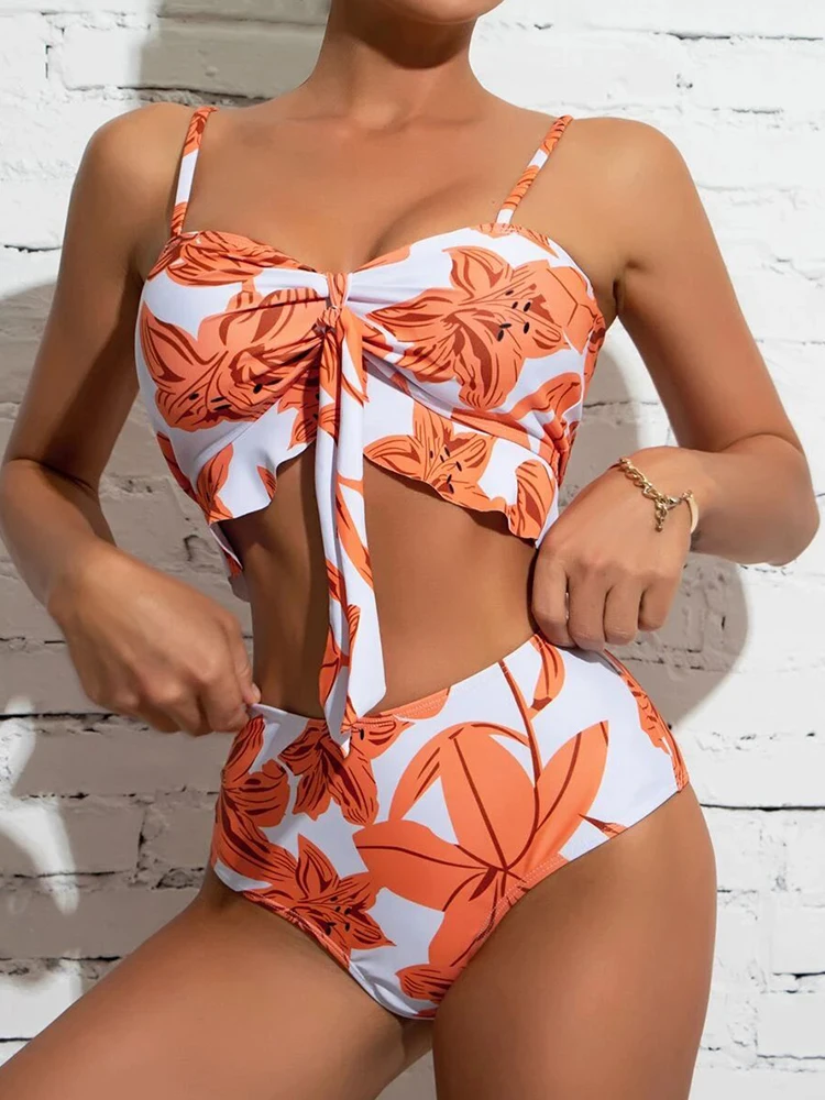 

Women Sexy Floral Print Three Piece Bikini Set Fashion Sling Bandeau Bikini Suit+High Waist Cover Up Long Skirt Summer Beachwear