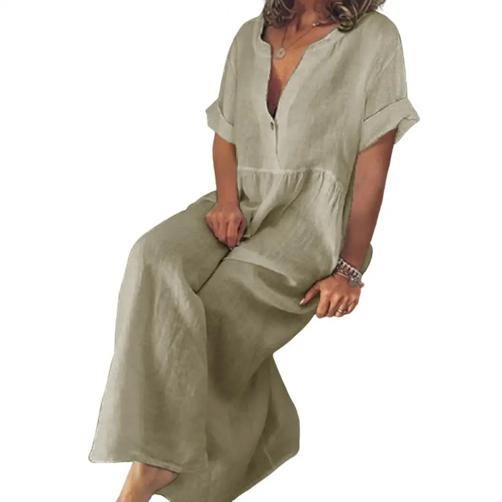 

Women Maxi Dress Casual Button Placket V-neck Solid Color Loose Daily Wear Ankle Length Short Sleeves Ladies Dress