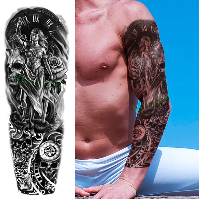 

Waterproof Temporary Tattoo Sticker Skull Female warrior Sword Flower Clock Full Arm Fake Tatto Flash Sleeve Tatoo for Men Women