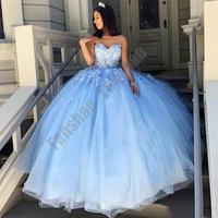 gorgeous sky blue quinceanera dresses strapless sleeveless tulle prom vestido appliques 3d flowers for 15 girls ball party gowns