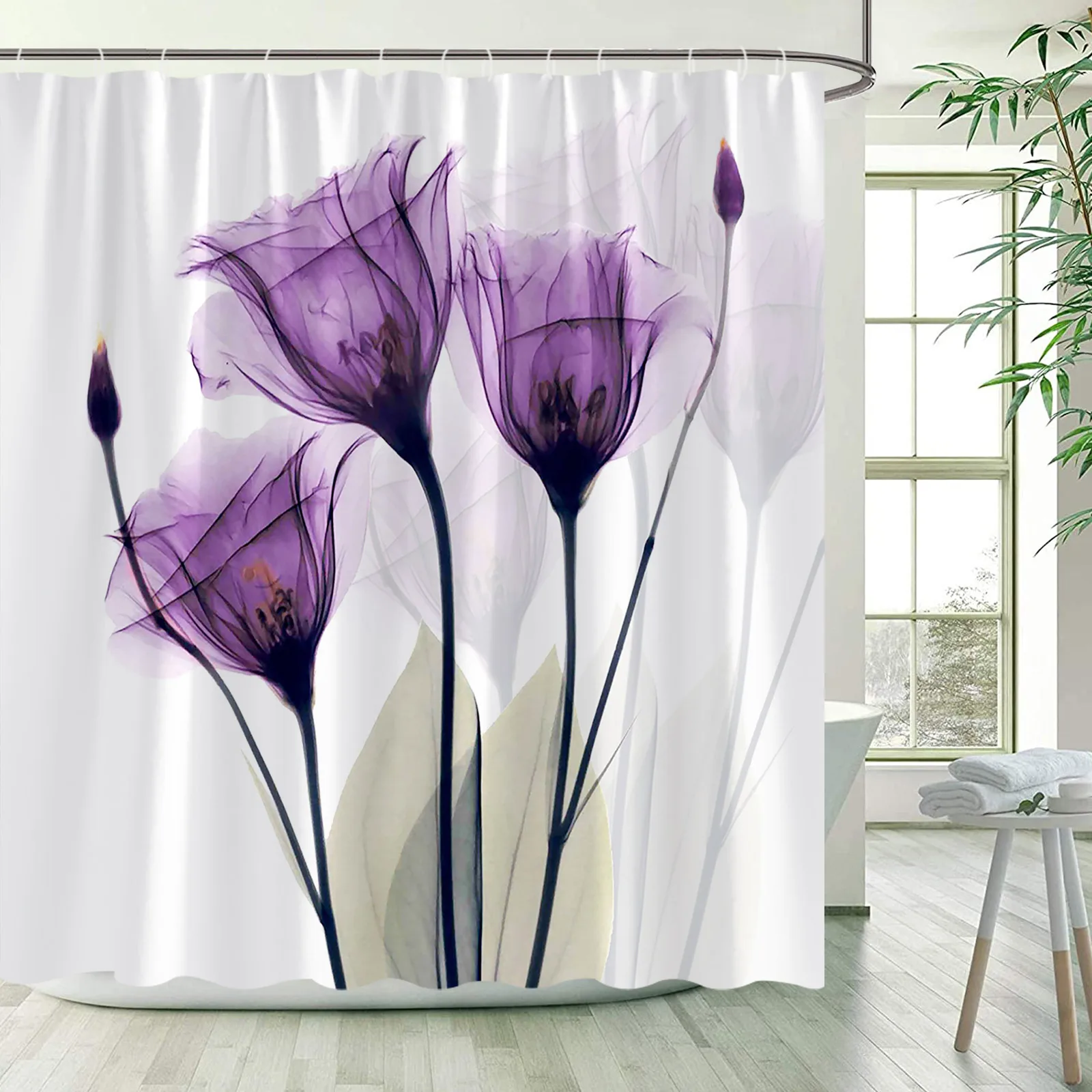 

Floral Shower Curtains Purple Tulip X-Ray Flowers Plant Modern Minimalist Art Bath Curtain Fabric Home Bathroom Decoration Sets