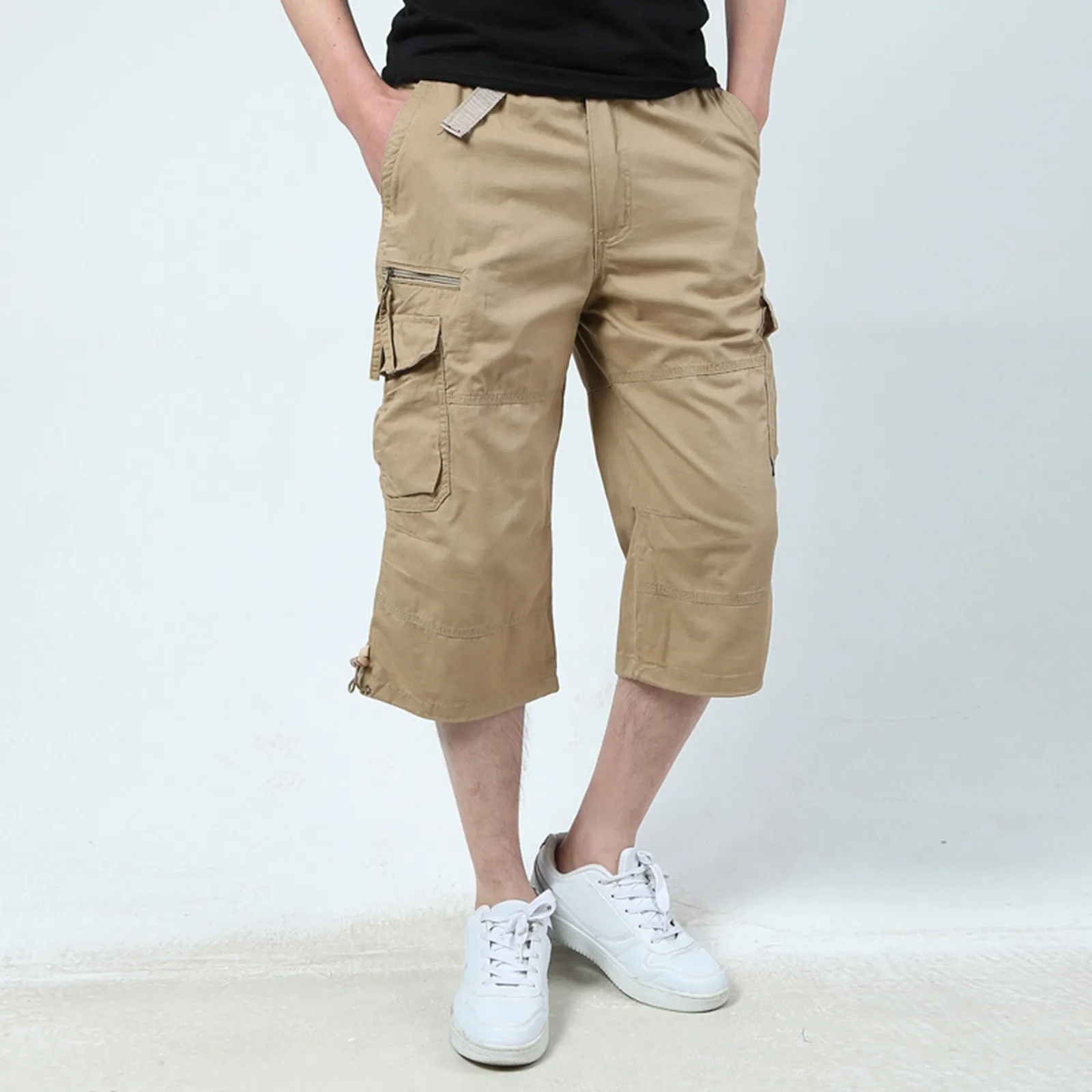 

Брюки-Капри мужские с карманами, модные повседневные однотонные спортивные штаны со средней талией, уличные шорты-Карго