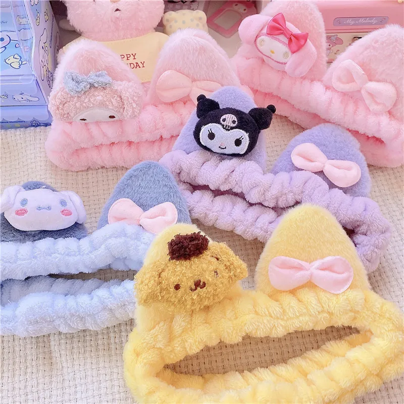 

Повязка для волос Kawaii Sanrio с мультипликационными мелодиями Kuromi cnживателем бантом кошачьими ушками эластичная повязка для мытья лица маска п...