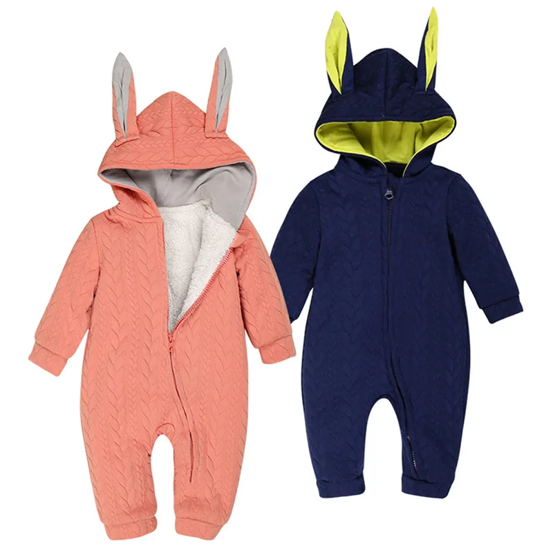 Newborn Jumpsuit Winter Boys' And Girls' Thickened Plush Rabbit Ears Hooded Long Sleeved Cotton Padded Baby Clothes