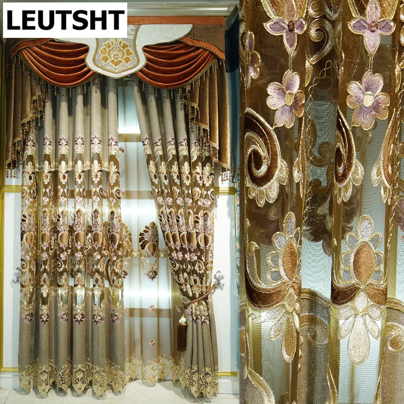 

European luxury King Queen brown embroidered gold curtains for the living room with the sheer luxury hotels suitable for bedroom