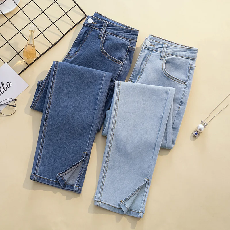 

Large women's jeans 2022 summer new fat sister split Jeans Straight Tube versatile high waist slim cropped pants