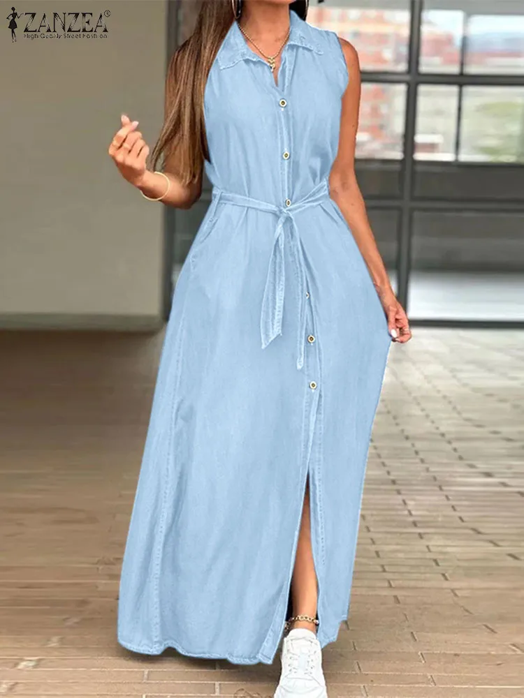 

Платье ZANZEA женское длинное джинсовое, уличная одежда без рукавов, с завязкой на талии, модное Макси-Платье с отложным воротником, на пуговицах