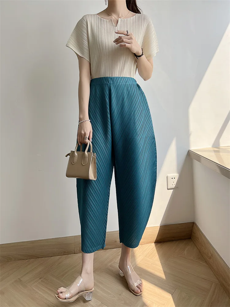 

Miyake Pleated Ankle-length Pants for Women Solid Color High Waist Wide Leg Trousers Loose 2023 Summer Fashion Banana Pants