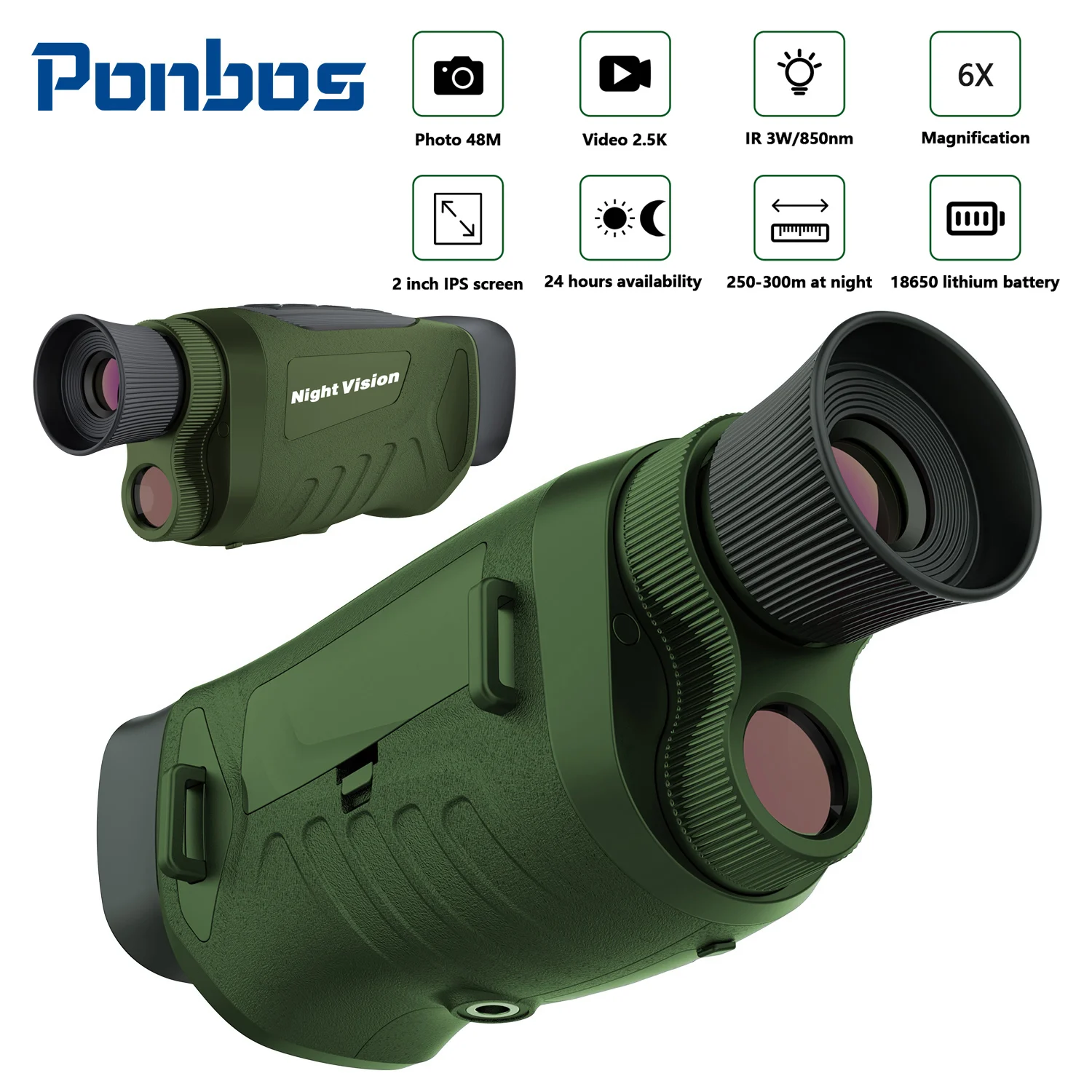 Профессиональный инфракрасный Монокуляр Ponbos DT19 2,5 K, 300 м, ночное видение, 48 м пикселей, 8-кратный цифровой зум, телескоп для охоты, кемпинга