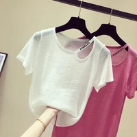 summer letter print short sleeved thin knitwear womens korean fashion o neck pullover knit loose ice silk t shirts tops e19