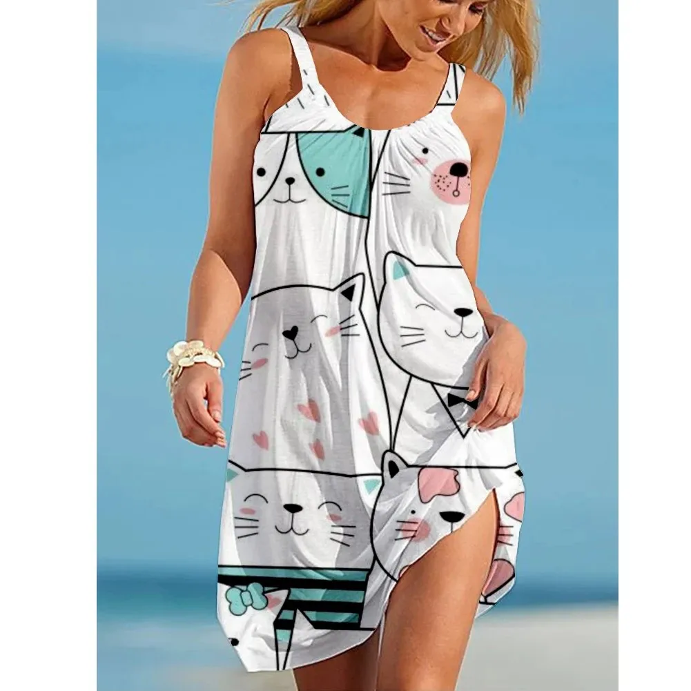 

Летние пляжные женские платья с животным котом, 3D принтом, без рукавов, с лямкой на шее, повседневное сексуальное пляжное платье, кавайное св...