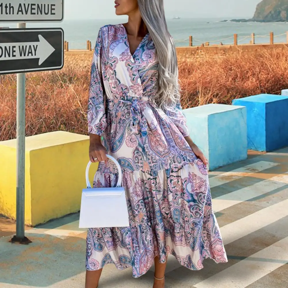 

Autumn Dress Pleated Ethnic Style Colorful Print Big Hem Ruffle Maxi Dress Women Dress Women Clothes