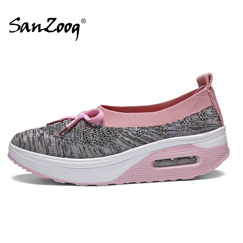 

Summer Flat Platform Pink Slip On Women Shoes Air Cushion Casual Flats Height Increase Breathable Stretch