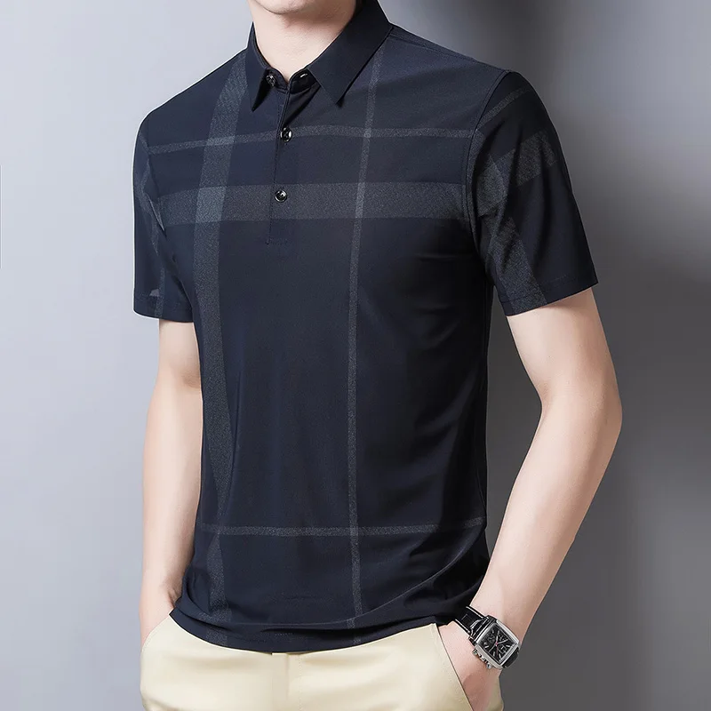 

Новинка 2022, мужская рубашка-поло с отложным воротником и короткими рукавами, модная весенне-осенняя тонкая рубашка, повседневный облегающи...