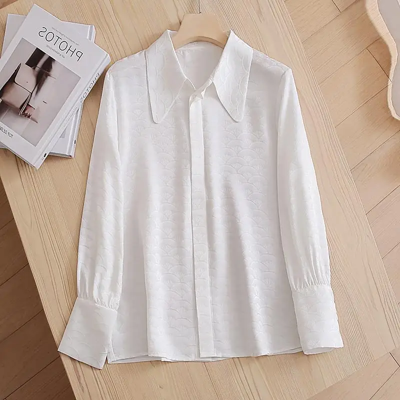 

Gentle White Jacquard Silk Shirt Elegant Clothing 2023 Spring Long Sleeve Blouse Fashion Chic Tops Blusas Mujer De Moda 25255