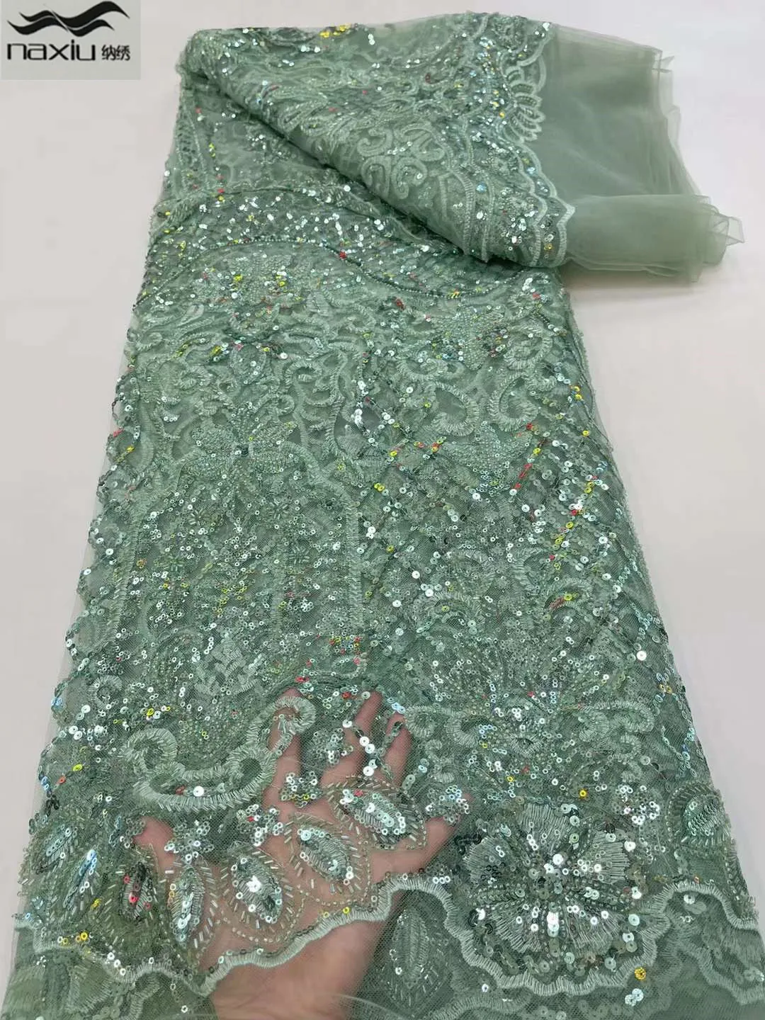 

Madison Nigerian Tulle Lace Fabrics with Beads High Quality Luxury African Sequins French Tulle Lace for Party