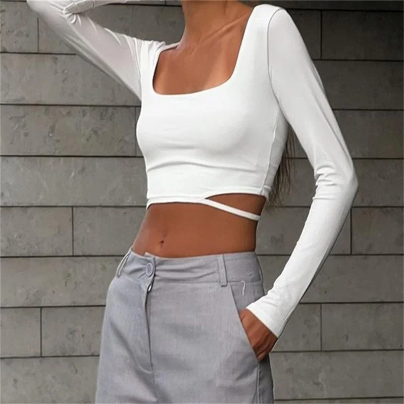 

Basic Square Neck Crop Top Women Solid Sexy Ruched Tie Up Crop Tops Autumn Casual Long Sleeve T-Shirt Skinny Tees