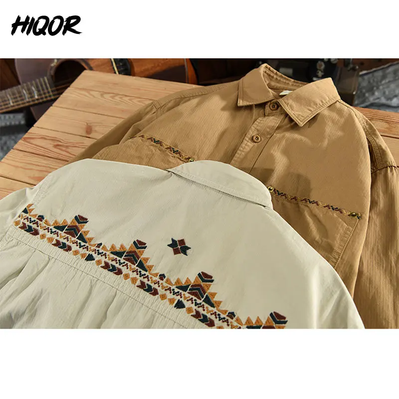 

HIQOR Retro Print Design All Match Casual Long Sleeved Shirt Men's Two Pockets Loose Literary Youth Cotton Jacket Large Size 4XL