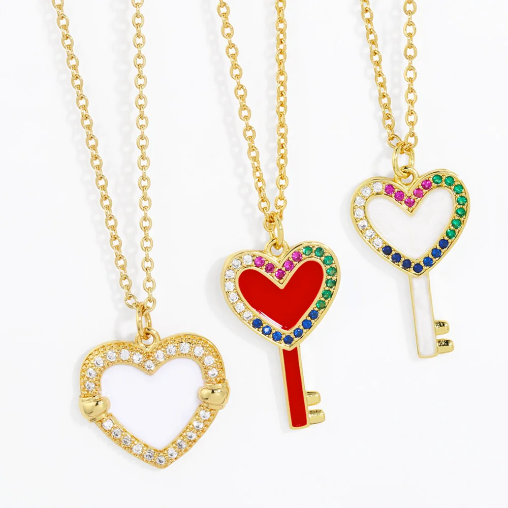 

FLOLA Romantic Red Love Heart Key Necklaces for Women Copper CZ Crystal Heart Necklaces Gold Plated Rainbow Jewelry nkeb772