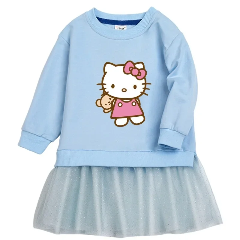 Kawaii Sanrio Hello kitty girl dress 2022 spring and autumn new children's clothing princess pleated mesh birthday gift