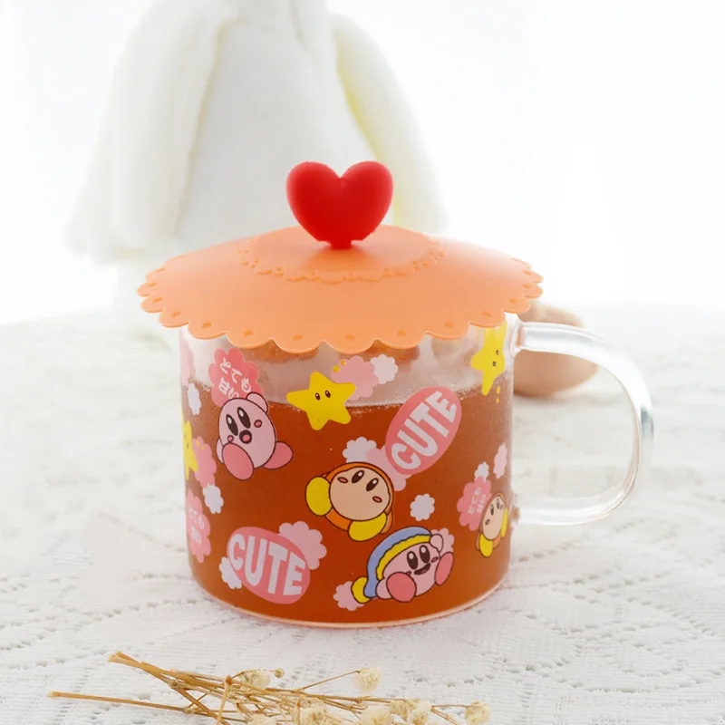 600ML Kawaii Star of Kirby Cup with Handle Glass Mug Silicone Lid Bowl Plate Tableware Set Anime Cartoon Milk Cold Drink Cup